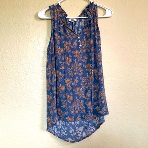 Sleeveless woven top w/ neck tie in blue /tan floral size 2-4